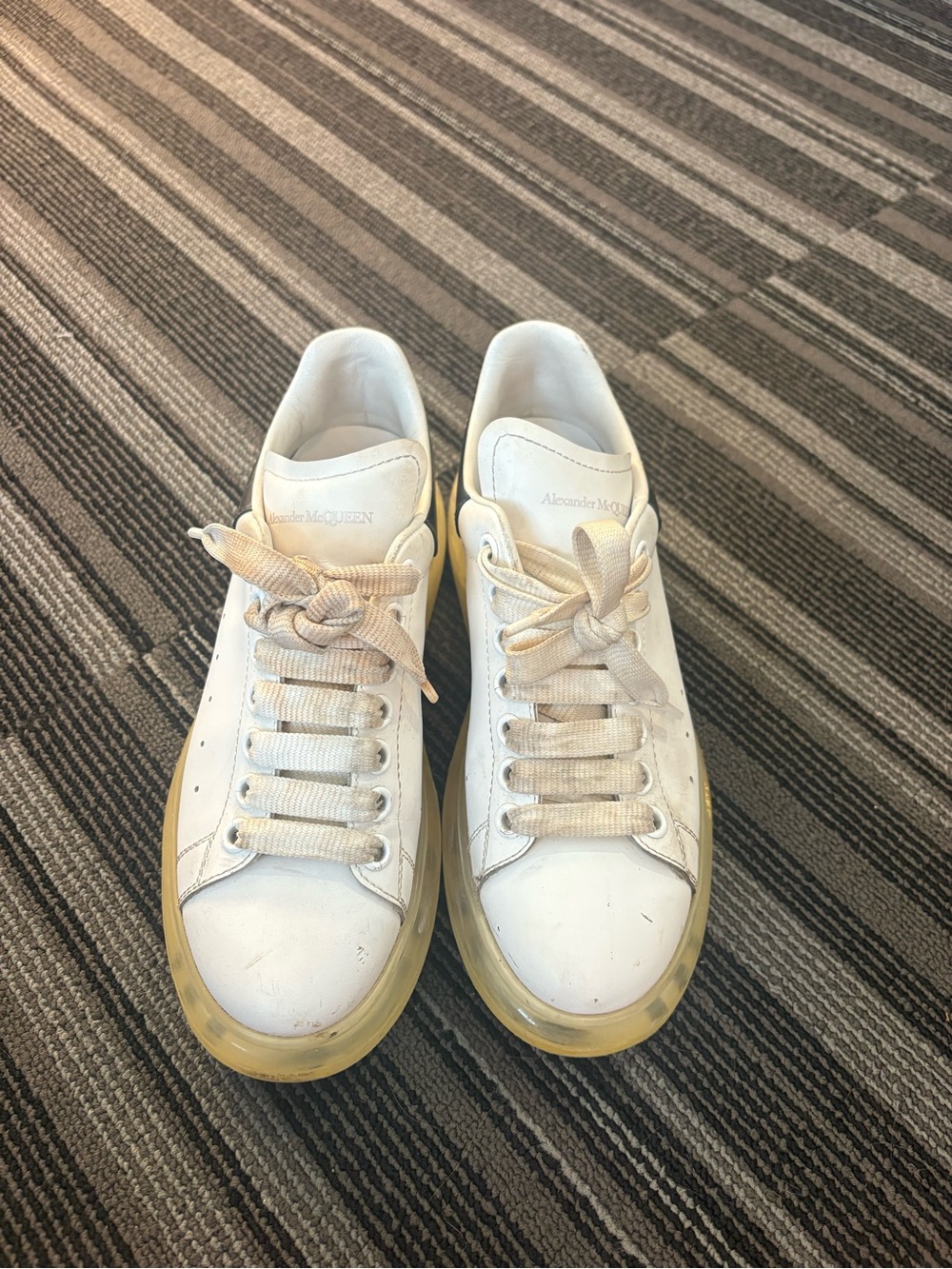 Alexander McQueen White Leather Sneakers with Black Heel and Yellow Sole - Picture 3 of 7